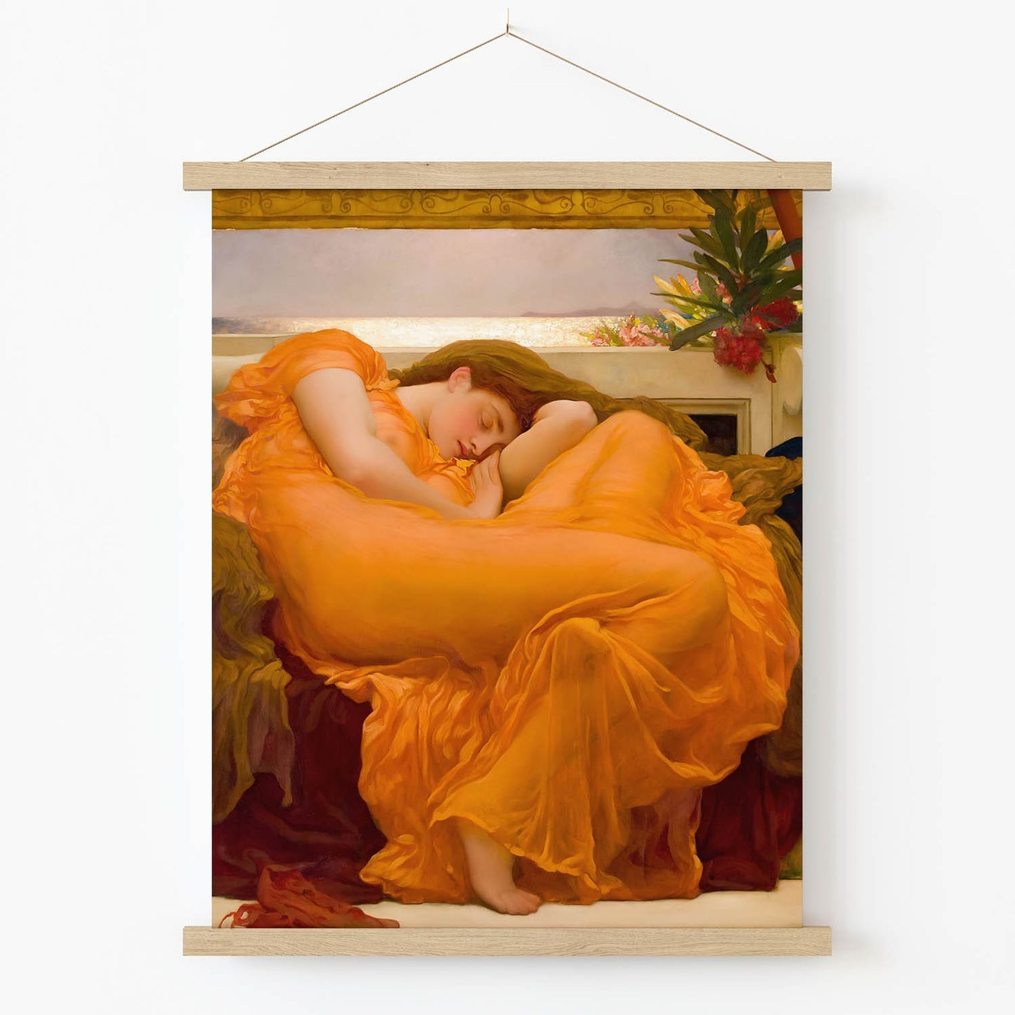 Woman Sleeping in a Bright Orange Dress Art Print in Wood Hanger Frame on Wall