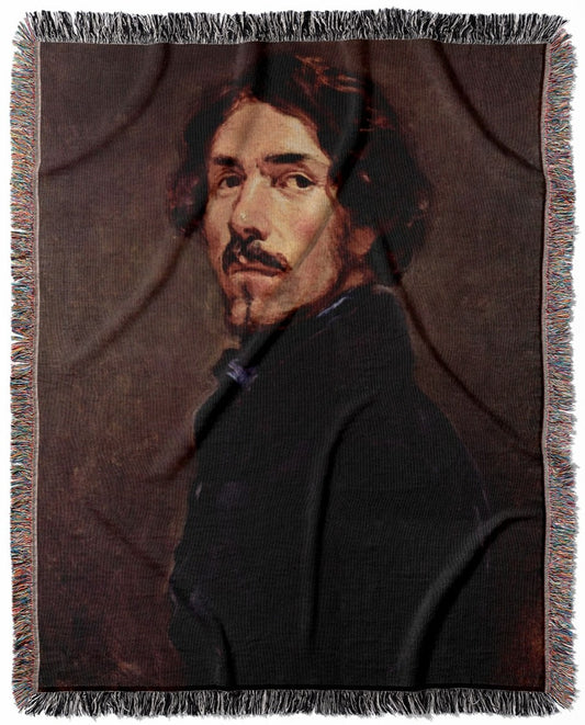 Victorian Era Man woven throw blanket, made with 100% cotton, offering a soft and cozy texture with a portrait of an artist theme for home decor.