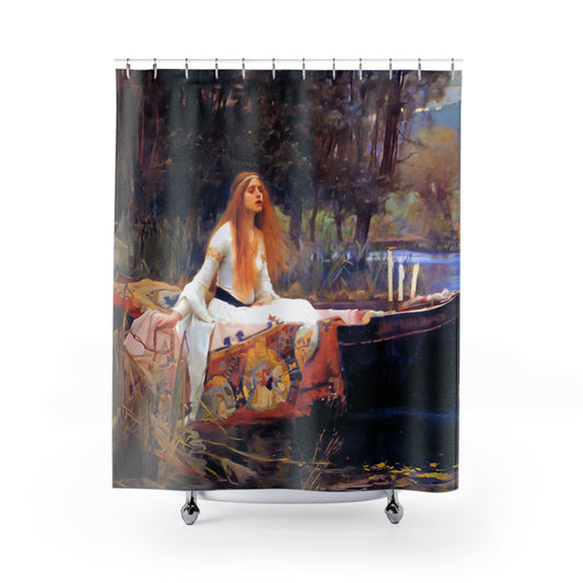 Victorian Era Moody Shower Curtain with Lady of Shalott design, artistic bathroom decor featuring classic Victorian themes.
