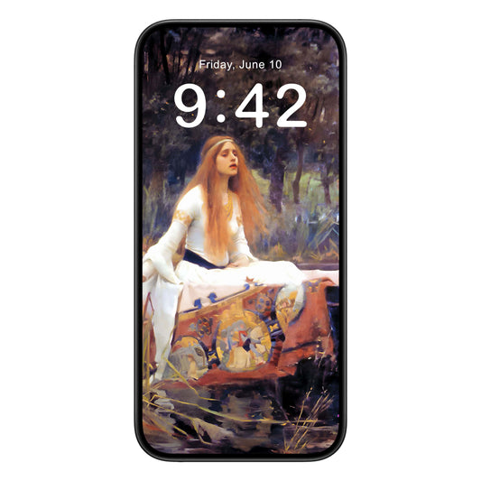 Victorian Era Moody phone wallpaper background with lady of shalott design shown on a phone lock screen, instant download available.