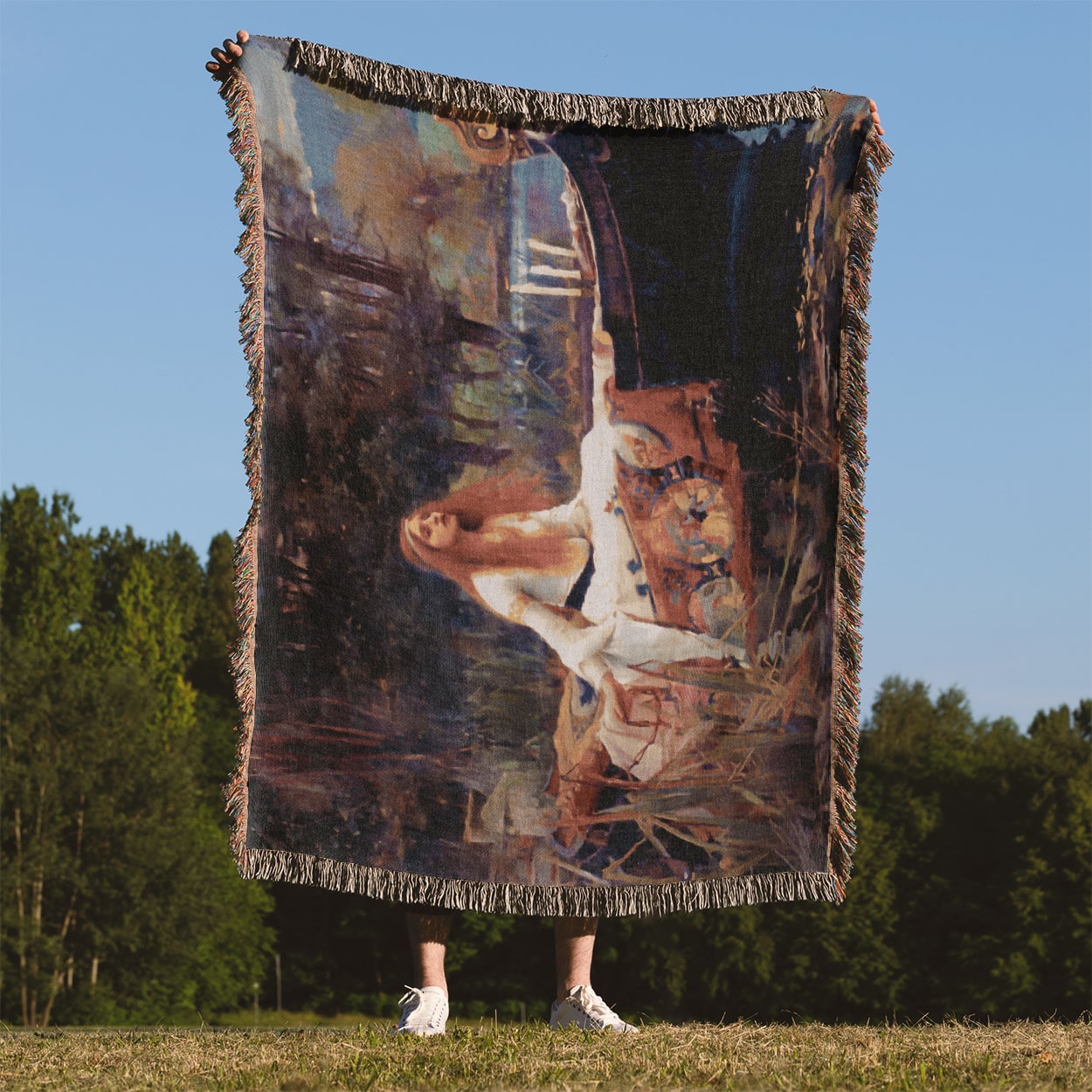 Victorian Era Moody Woven Blanket Held Up Outside