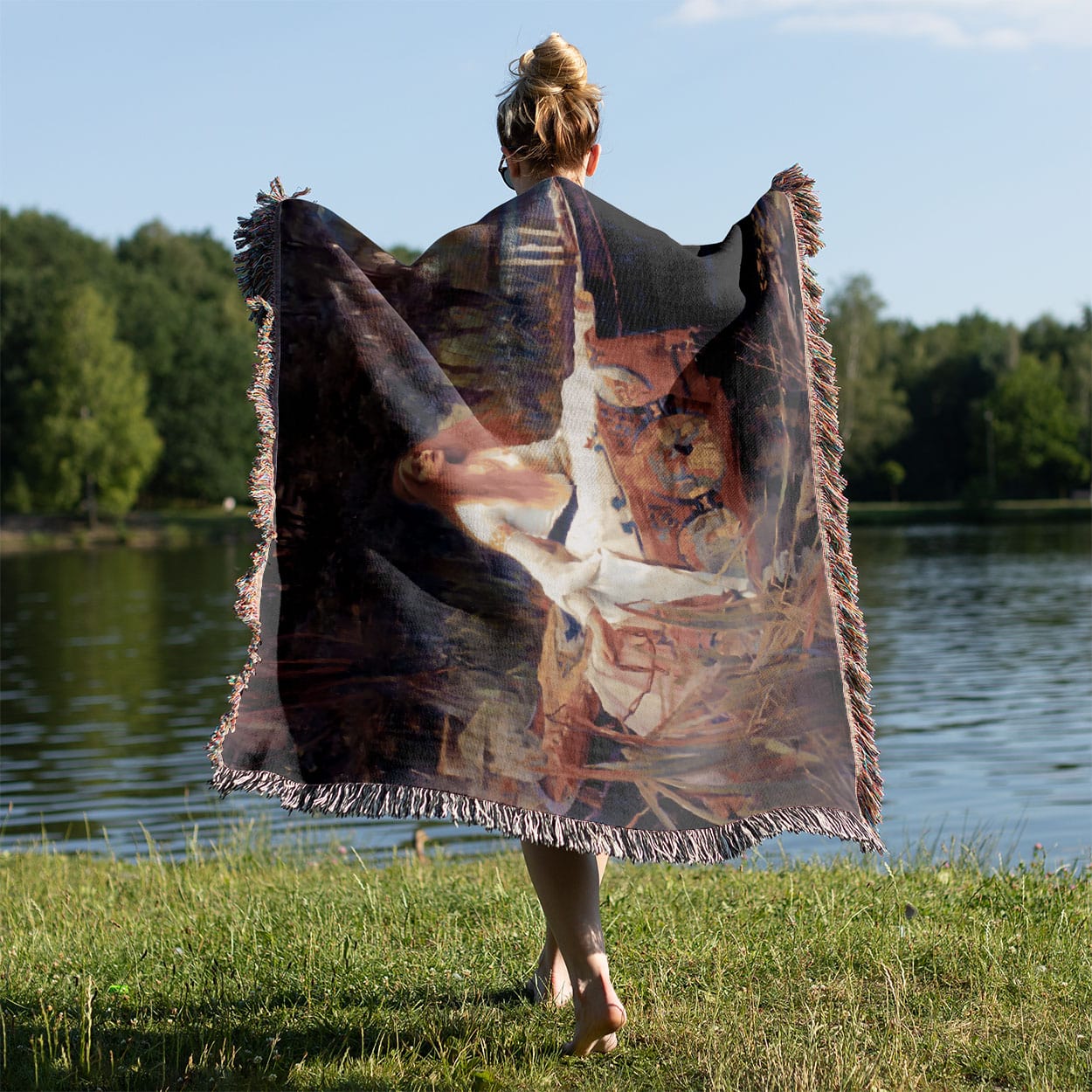 Victorian Era Moody Woven Blanket Held on a Woman's Back Outside