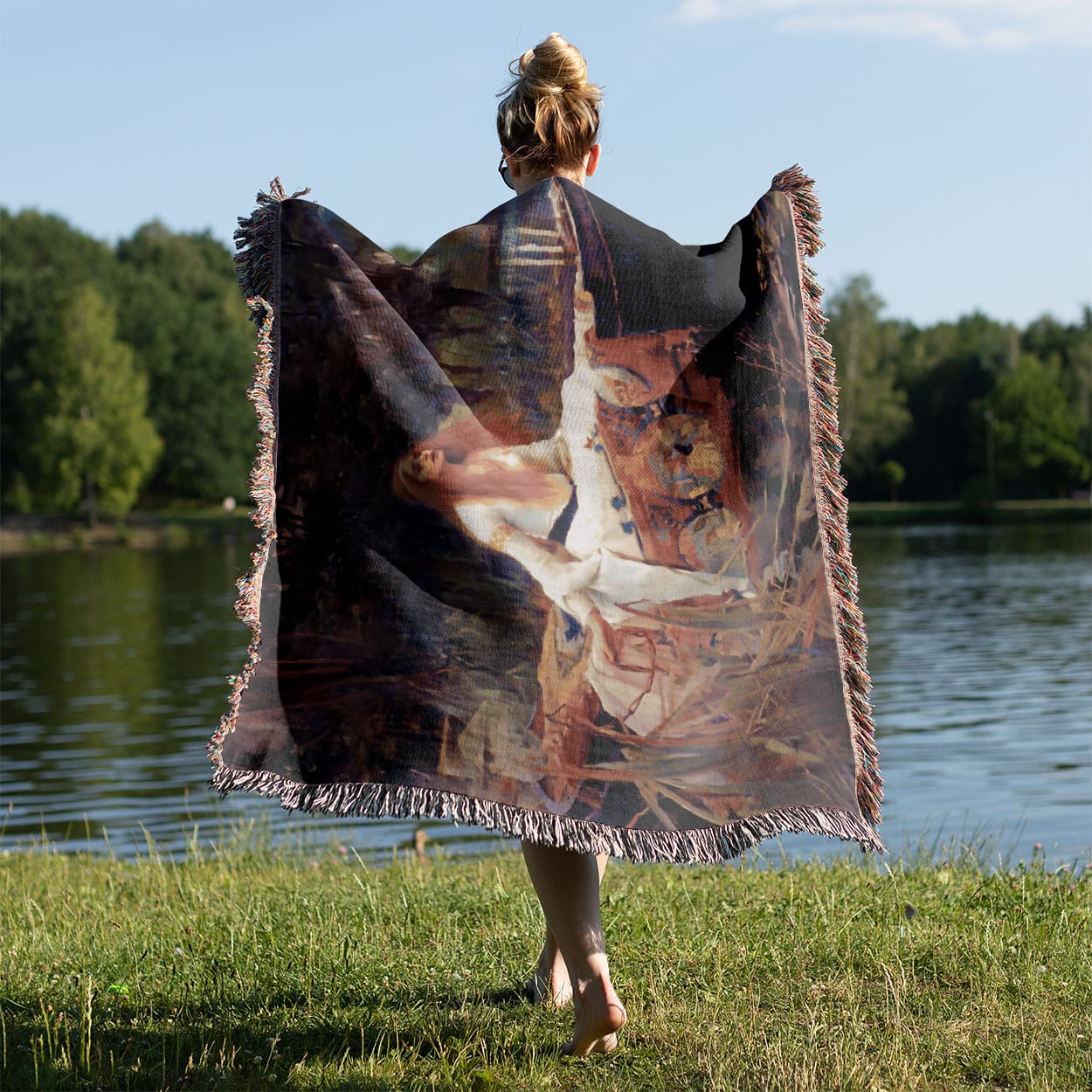 Victorian Era Moody Woven Throw Blanket Held on a Woman's Back Outside