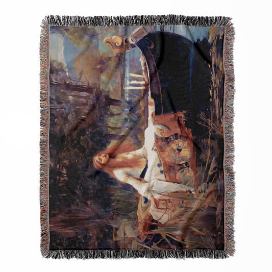 Victorian Era Moody woven throw blanket, made of 100% cotton, providing a soft and cozy texture with a Lady of Shalott theme for home decor.