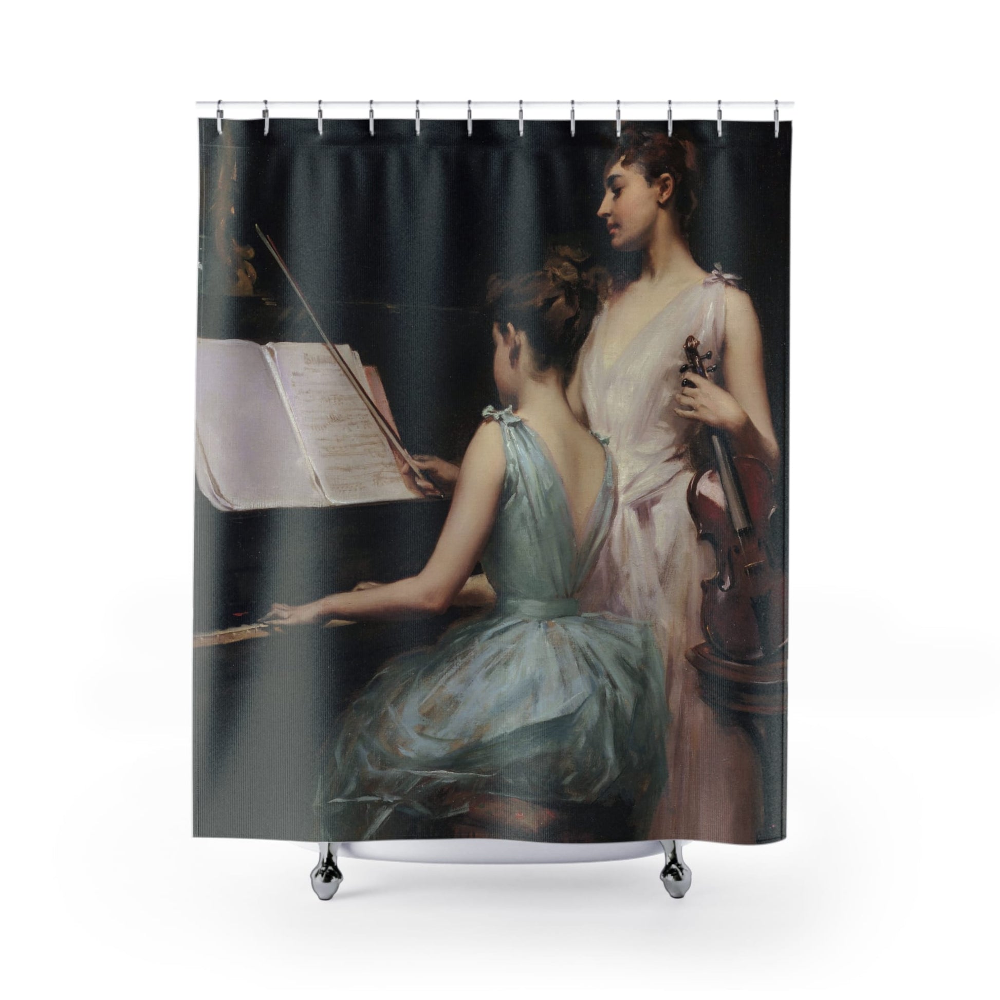 Victorian Era Music Shower Curtain with The Sonata design, classical bathroom decor featuring musical themes from the Victorian era.