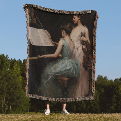 Victorian Era Music Woven Blanket Held Up Outside