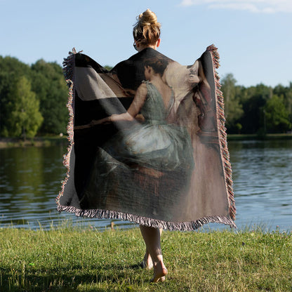 Victorian Era Music Woven Blanket Held on a Woman's Back Outside
