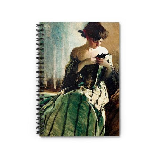 Victorian Era Portrait Notebook with green Victorian dress cover, ideal for journals and planners, featuring a portrait of a woman in a green Victorian dress.