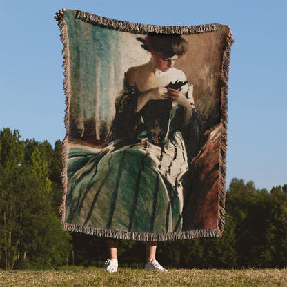Victorian Era Portrait Woven Blanket Held Up Outside