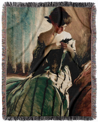 Victorian Era Portrait woven throw blanket, made of 100% cotton, featuring a soft and cozy texture with a green Victorian dress design for home decor.