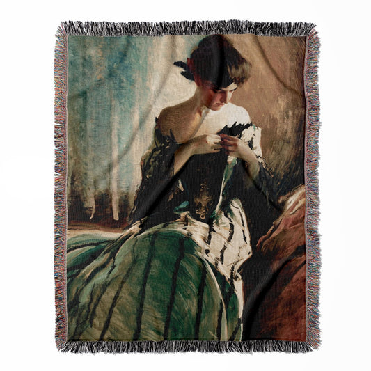 Victorian Era Portrait woven throw blanket, made of 100% cotton, featuring a soft and cozy texture with a green Victorian dress design for home decor.