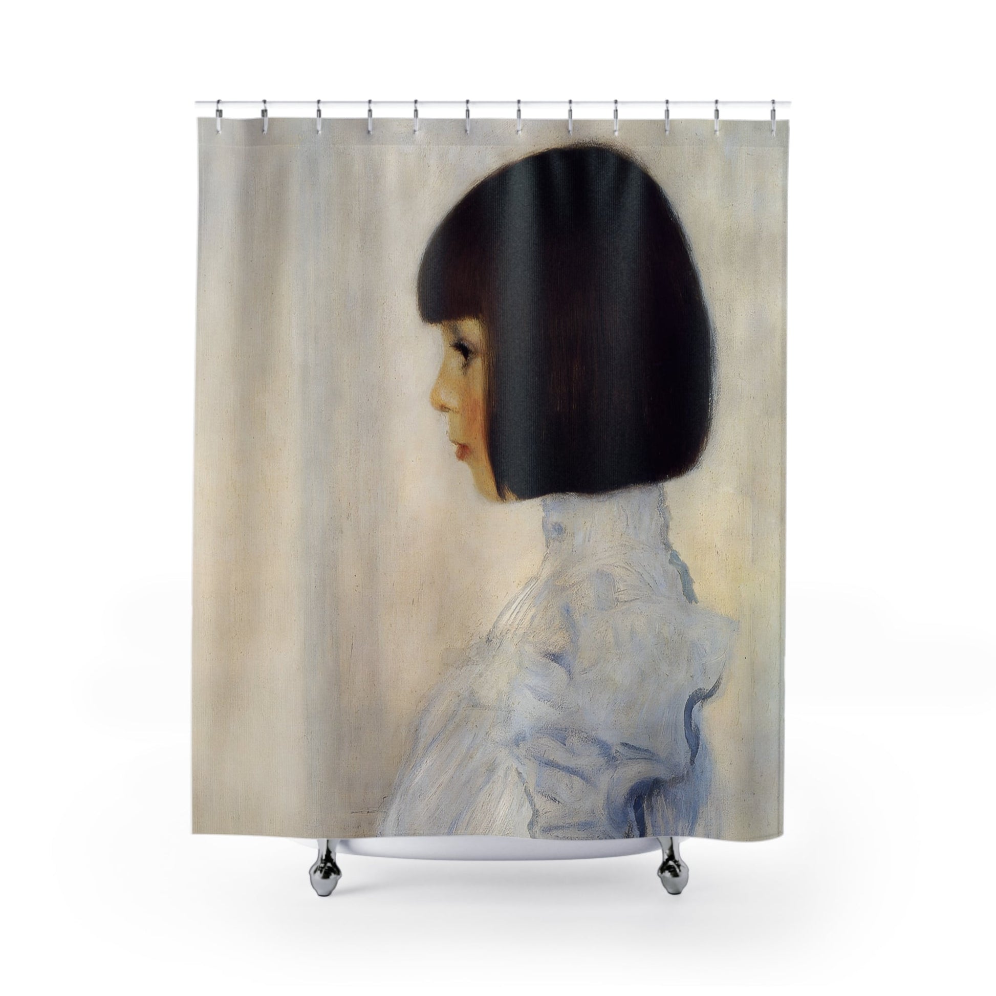 Victorian Era Portrait Shower Curtain with Gustav Klimt design, art-inspired bathroom decor showcasing Klimt's famous portraits.