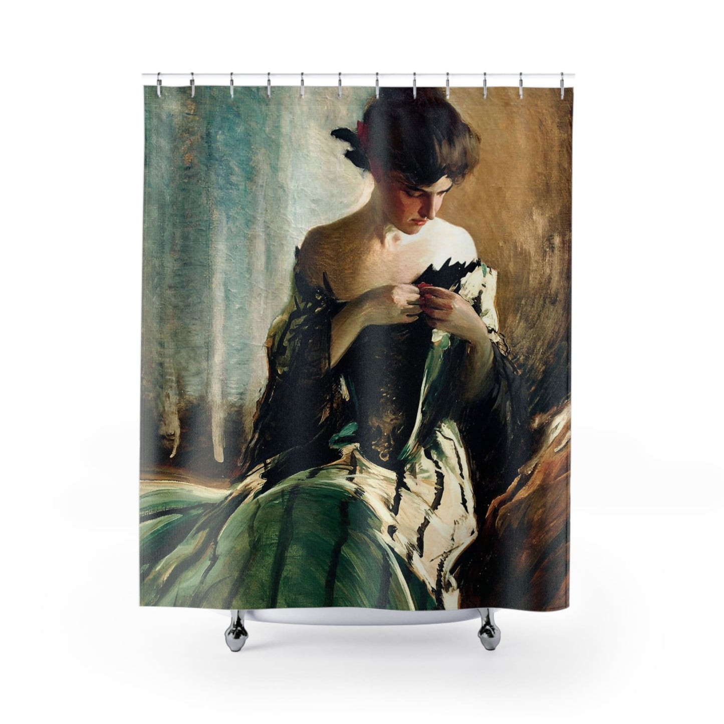 Victorian Era Portrait Shower Curtain with green Victorian dress design, elegant bathroom decor featuring Victorian fashion.