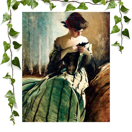 Victorian Era Portrait art print featuring green victorian dress, vintage wall art room decor