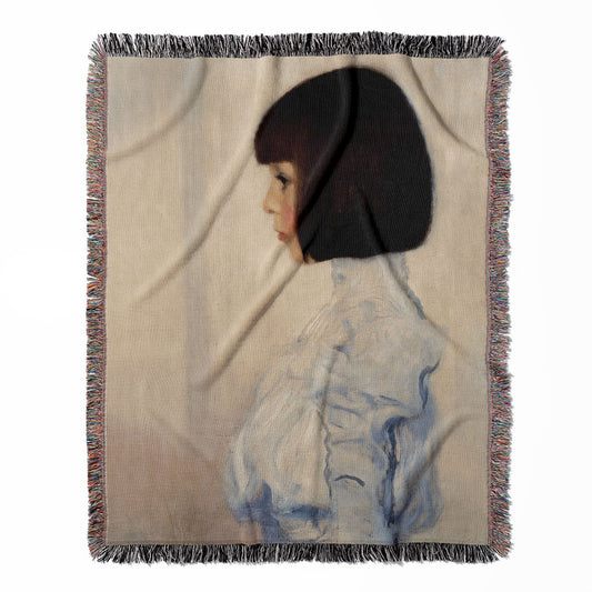 Victorian Era Portrait woven throw blanket, made from 100% cotton, presenting a soft and cozy texture with a Gustav Klimt inspired design for home decor.