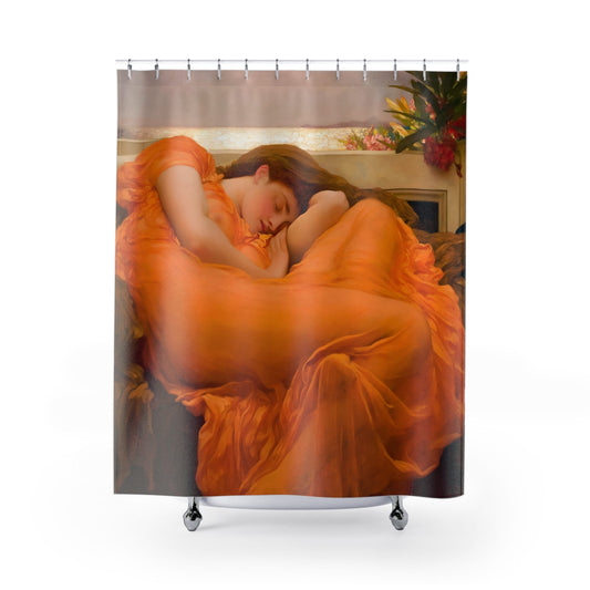 Victorian Era Shower Curtain with Flaming June design, classical bathroom decor featuring Victorian paintings.