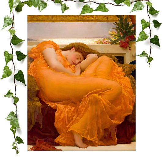 Victorian Era art print napping in an orange dress, vintage wall art room decor