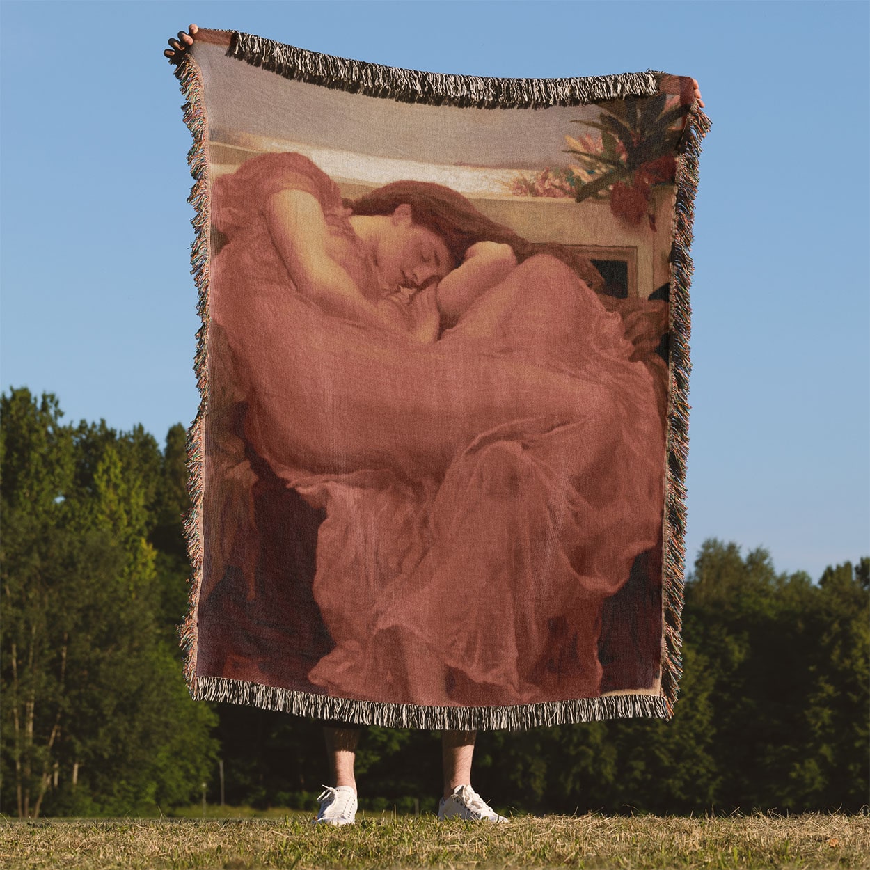Victorian Era Woven Blanket Held Up Outside