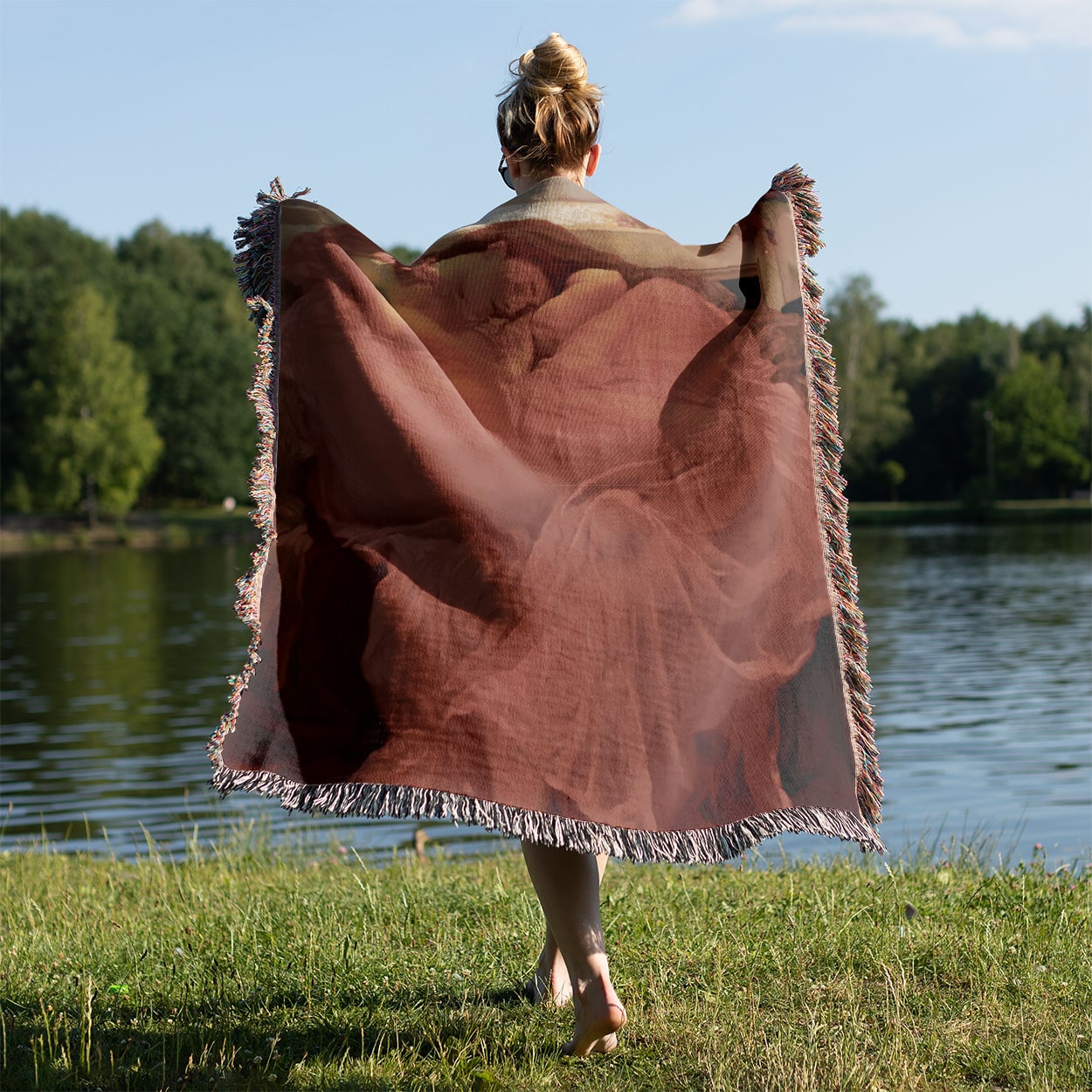 Victorian Era Woven Throw Blanket Held on a Woman's Back Outside