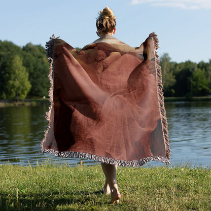 Victorian Era Woven Throw Blanket Held on a Woman's Back Outside