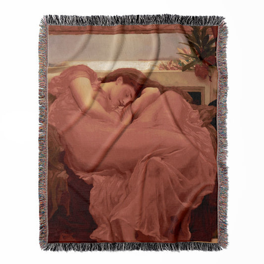 Victorian Era woven throw blanket, made of 100% cotton, featuring a soft and cozy texture with a woman napping in an orange dress for home decor.