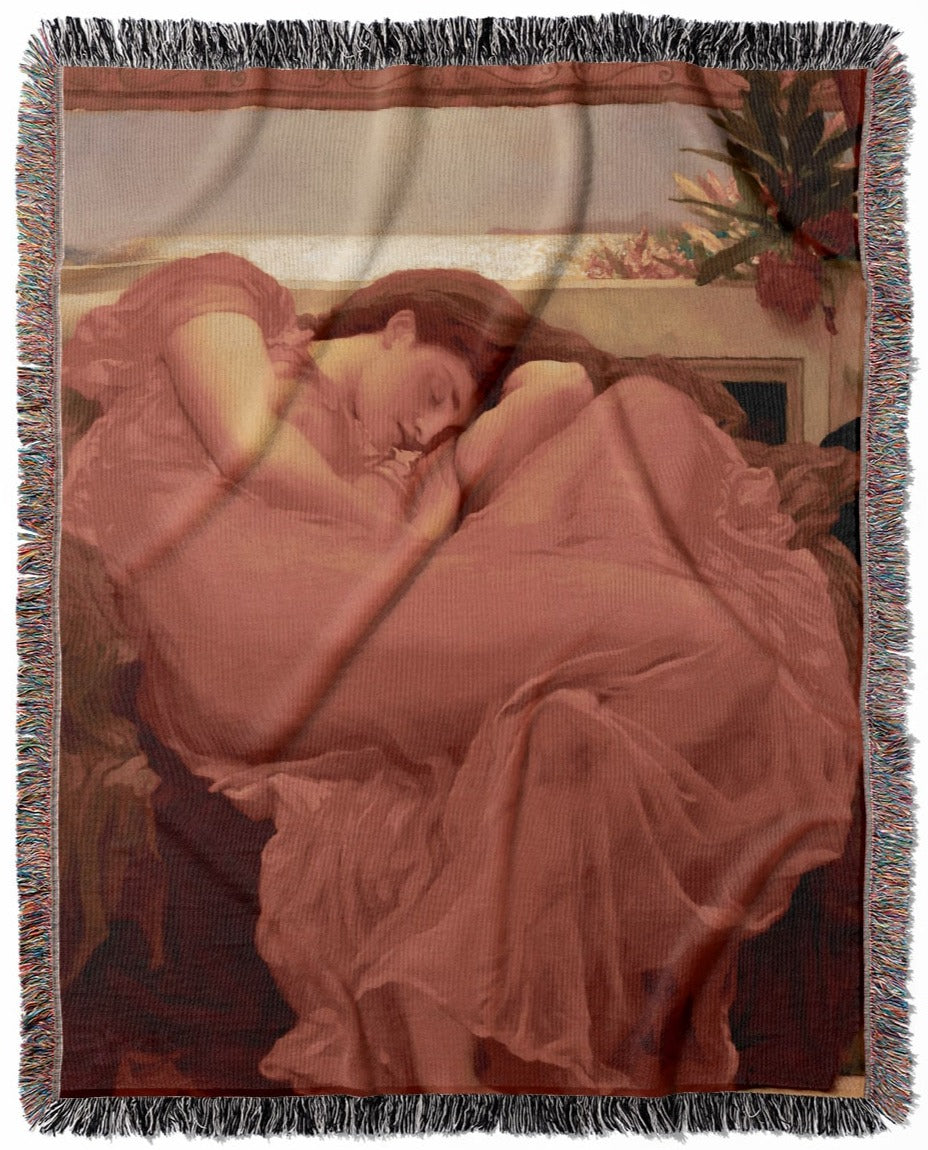 Victorian Era woven throw blanket, made of 100% cotton, featuring a soft and cozy texture with a woman napping in an orange dress for home decor.