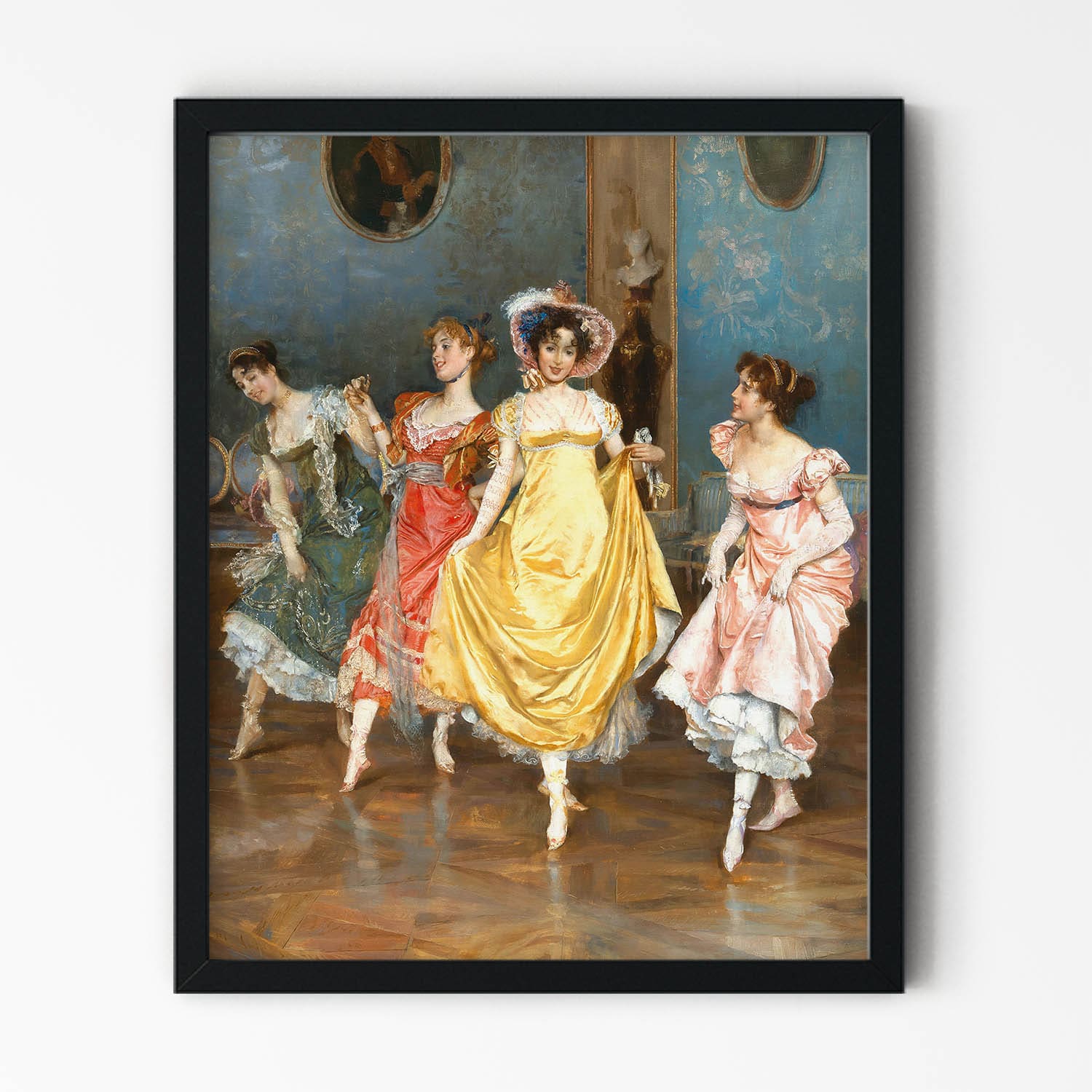 Victorian Girls Dancing Art Print in Black Picture Frame