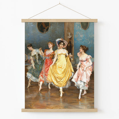 Victorian Girls Dancing Art Print in Wood Hanger Frame on Wall