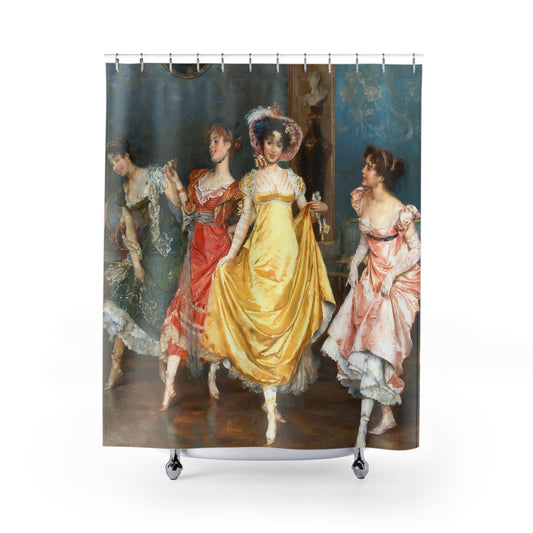 Victorian Girls Dancing Shower Curtain with period dresses design, historical bathroom decor featuring elegant Victorian fashion.