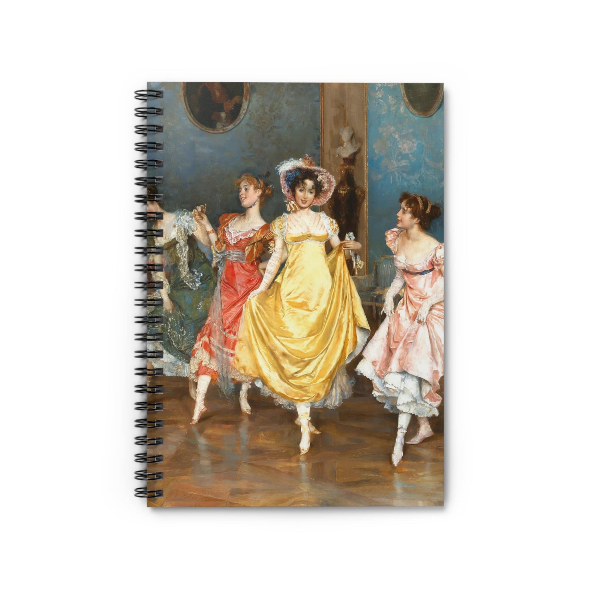 Victorian Girls Dancing Notebook with period dresses cover, ideal for journals and planners, featuring Victorian girls in period dresses.