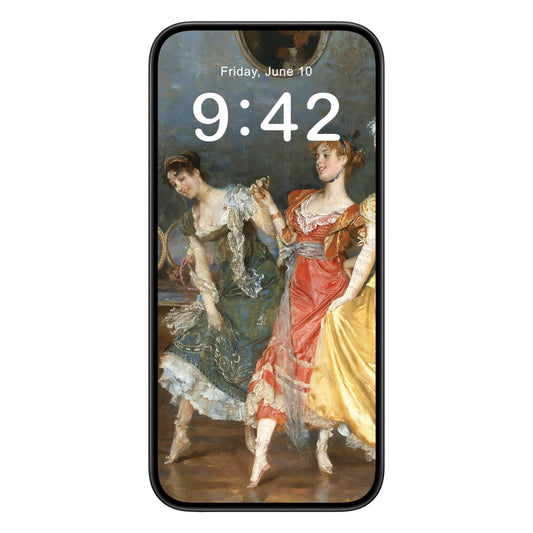 Victorian Girls Dancing phone wallpaper background with period dresses design shown on a phone lock screen, instant download available.