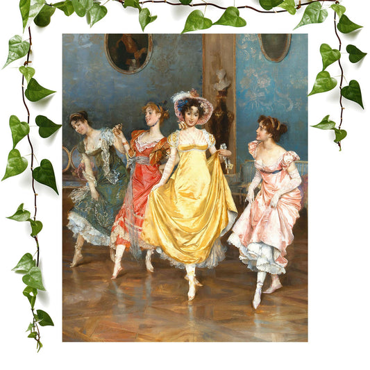 Victorian Girls Dancing art print featuring colorful period dresses, vintage wall art room decor