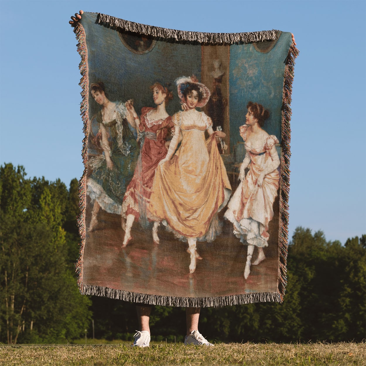 Victorian Girls Dancing Woven Throw Blanket Held Up Outside