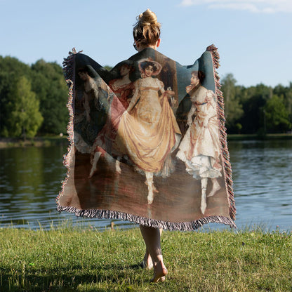 Victorian Girls Dancing Woven Blanket Held on a Woman's Back Outside