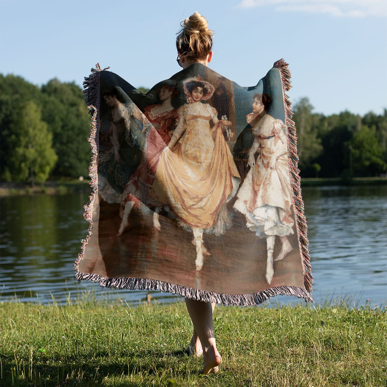 Victorian Girls Dancing Woven Throw Blanket Held on a Woman's Back Outside