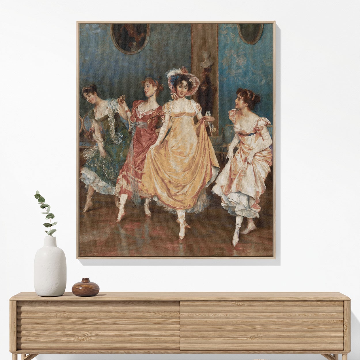 Victorian Girls Dancing Woven Blanket Woven Blanket Hanging on a Wall as Framed Wall Art