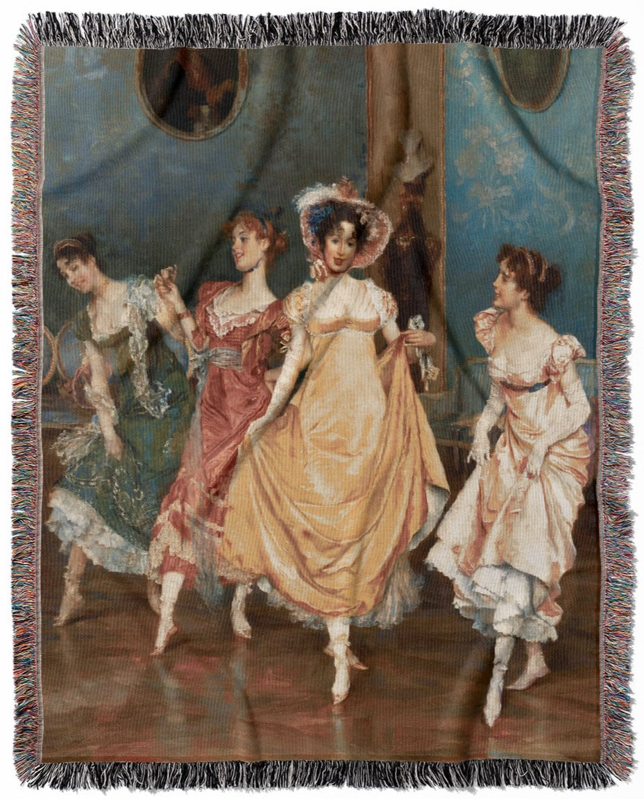 Victorian Girls Dancing woven throw blanket, made from 100% cotton, presenting a soft and cozy texture with colorful period dresses for home decor.