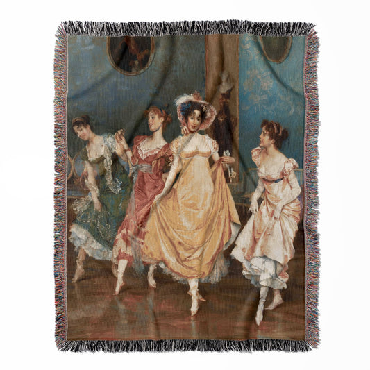 Victorian Girls Dancing woven throw blanket, made from 100% cotton, presenting a soft and cozy texture with colorful period dresses for home decor.