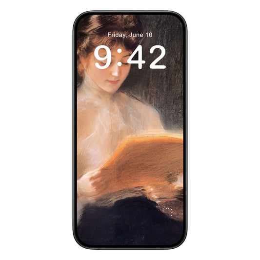 Woman Reading phone wallpaper background with victorian era design shown on a phone lock screen, instant download available.