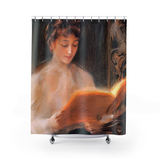 Woman Reading Shower Curtain with Victorian era design, historical bathroom decor featuring elegant Victorian themes.