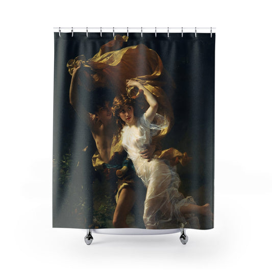 Classical Shower Curtain with couple in a storm design, romantic bathroom decor showcasing classical artwork.