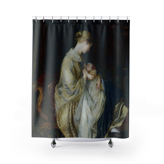 Victorian Mother and Baby Shower Curtain with breastfeeding design, nurturing bathroom decor featuring Victorian family scenes.