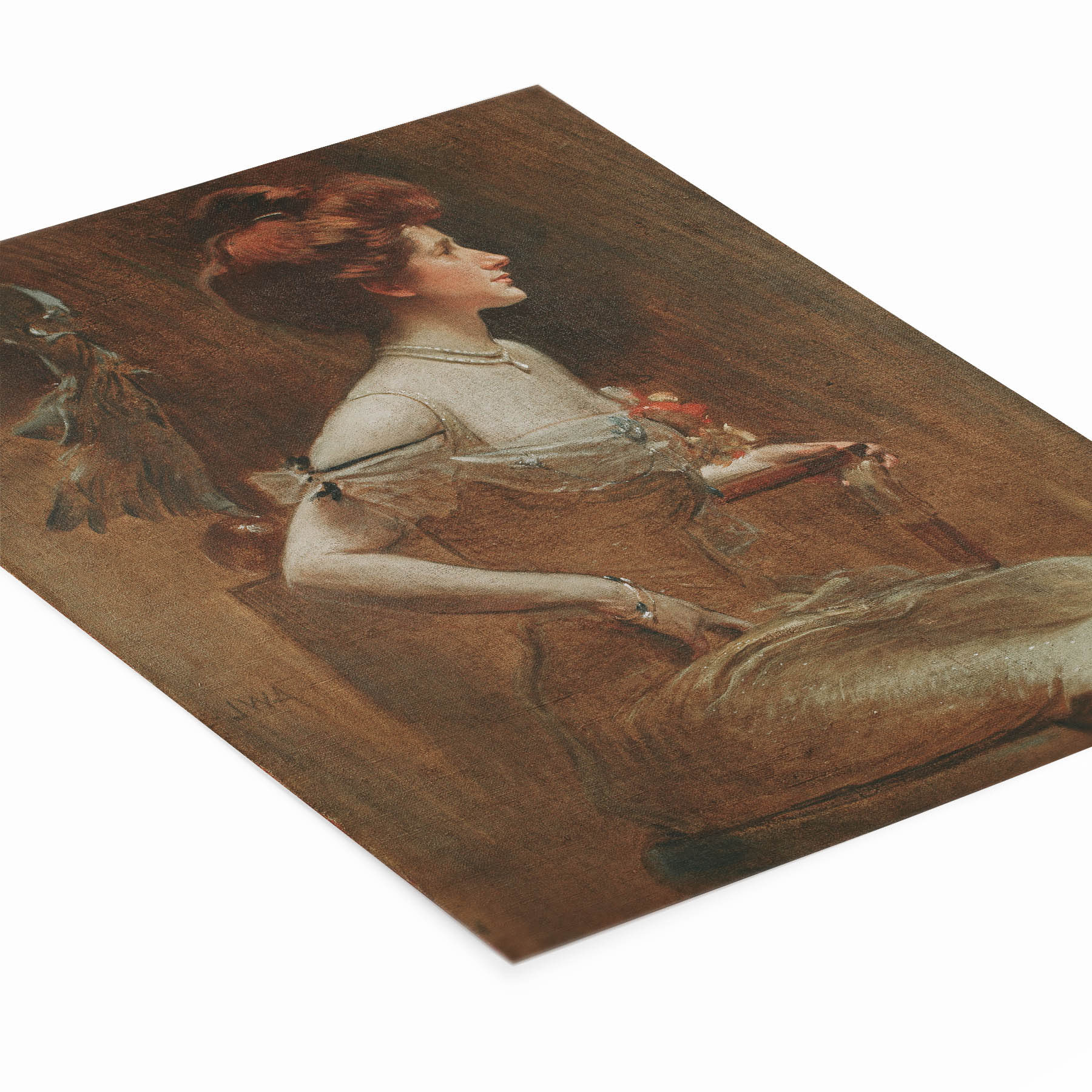 Woman in Tan Hues Painting Laying Flat on a White Background