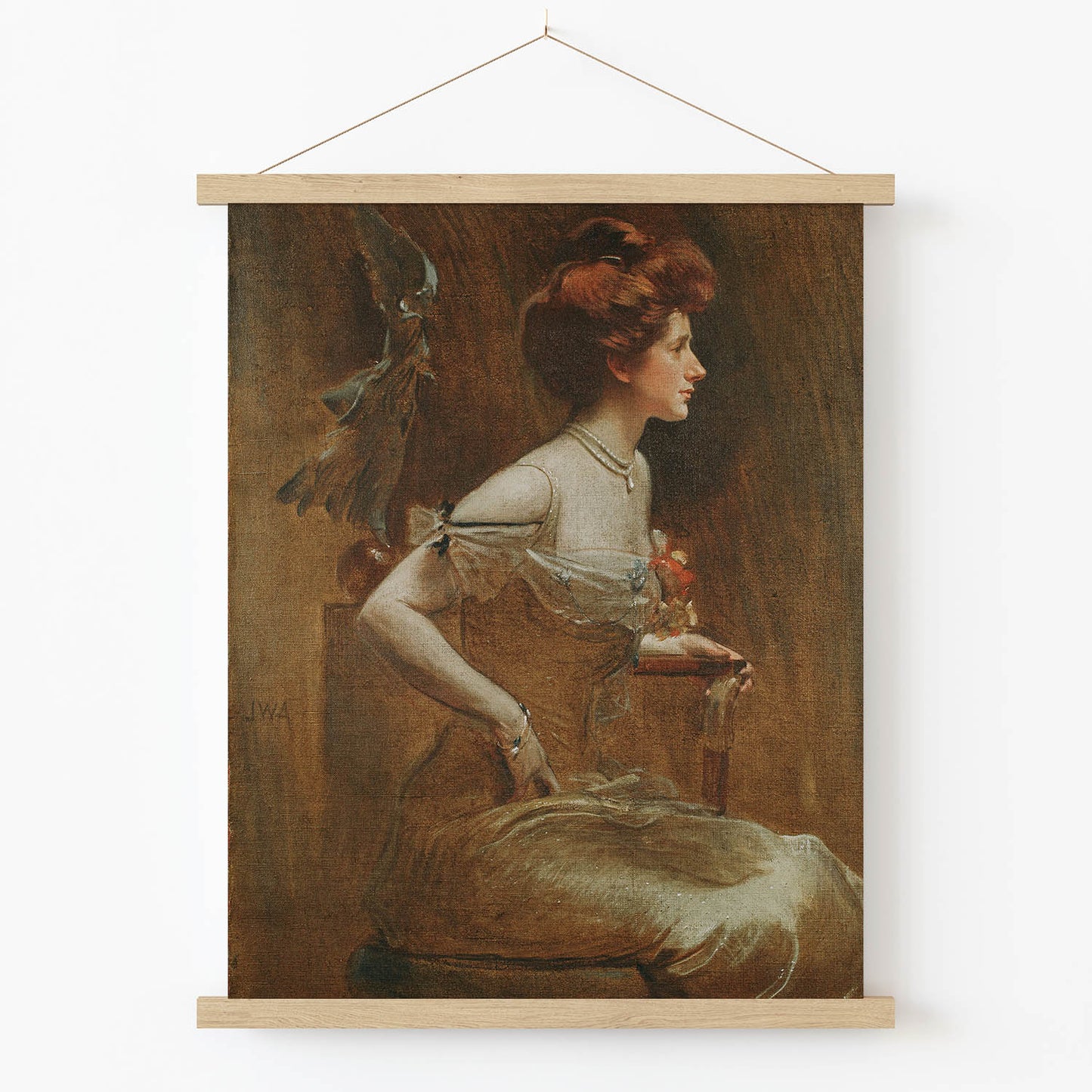 Woman in Tan Hues Art Print in Wood Hanger Frame on Wall