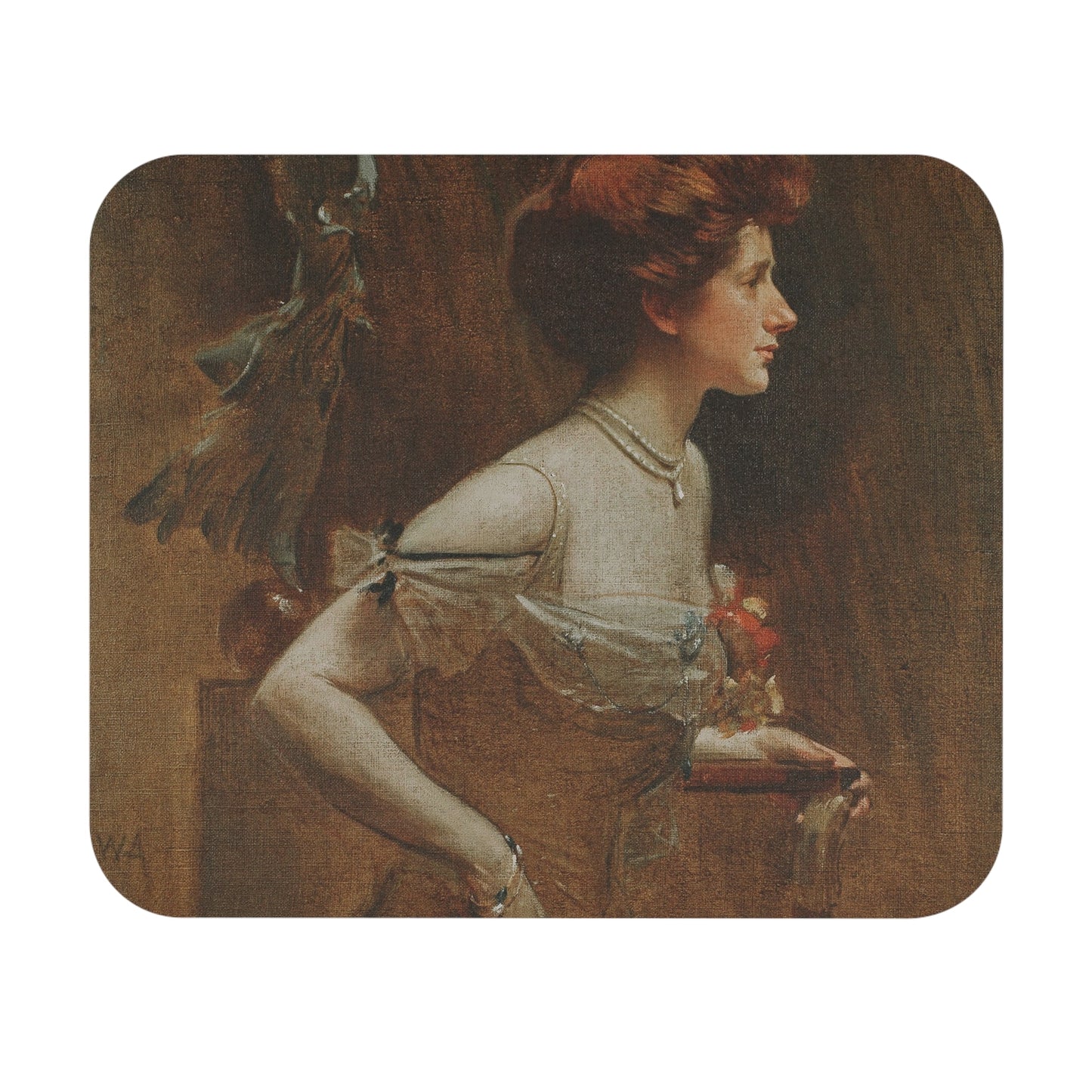 Victorian Portrait Mouse Pad featuring a woman in a tan elegant attire, perfect for desk and office decor.
