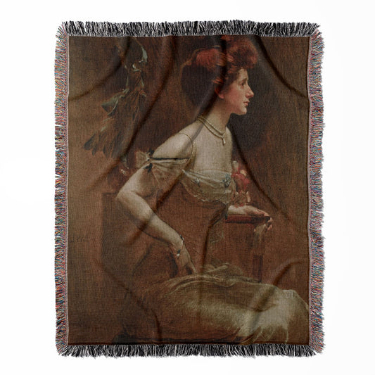 Victorian Portrait woven throw blanket, crafted from 100% cotton, delivering a soft and cozy texture with a woman in tan for home decor.