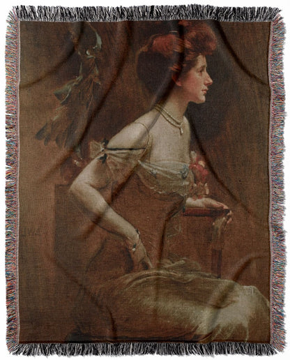 Victorian Portrait woven throw blanket, crafted from 100% cotton, delivering a soft and cozy texture with a woman in tan for home decor.