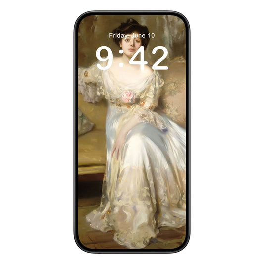 Victorian Portrait phone wallpaper background with white period dress design shown on a phone lock screen, instant download available.