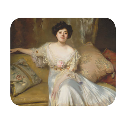 Victorian Portrait Mouse Pad featuring art of a woman in a white period dress, adding elegance to desk and office decor.