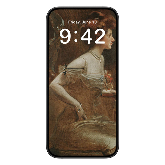 Victorian Portrait phone wallpaper background with woman in tan design shown on a phone lock screen, instant download available.